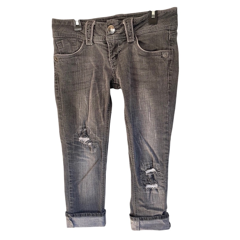 Rewind Womens Grey Distressed Y2K Cropped Jeans Size 5 Cuffed Slim Fit Denim